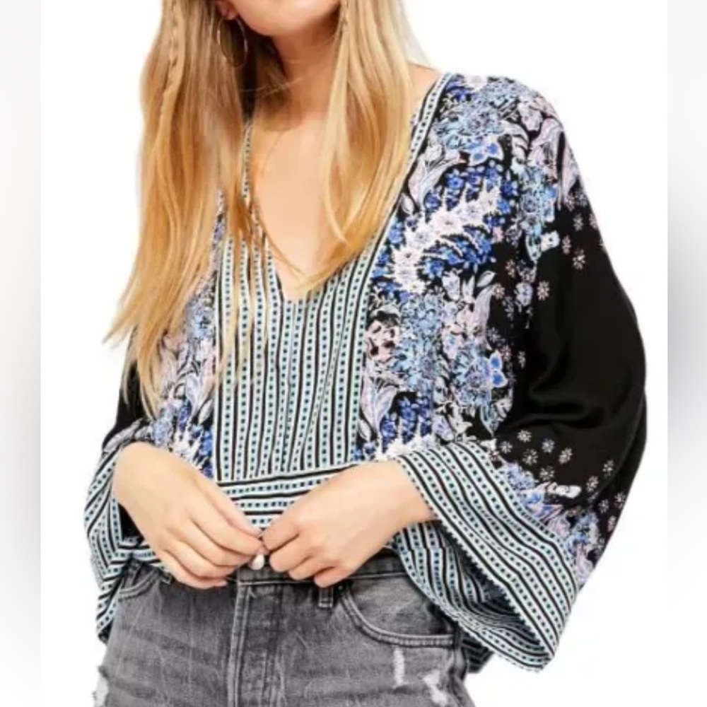 Free People Mix N Match Bohemian Black Blue Floral Wide Sleeve Blouse Top Size M